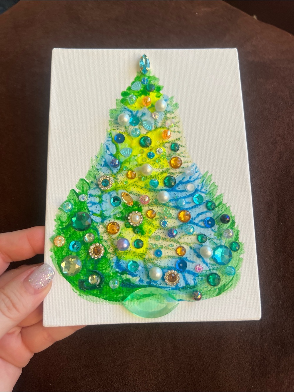 Handmade Blue & Green Jeweled Christmas Tree – 5x7 Original painting - Picture 4 of 8